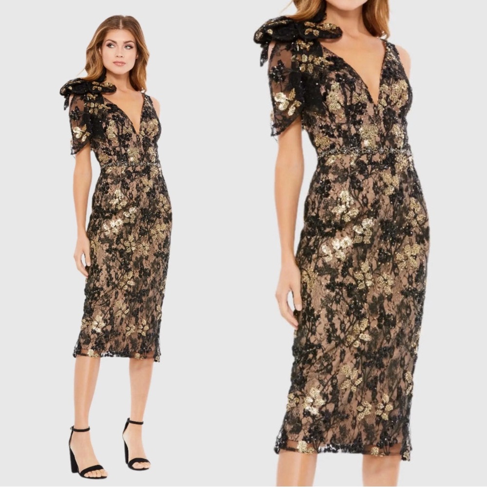 Mac Duggal Black Floral Sequin Embellished V-neck Midi Dress w/ Shoulder Bow - 4